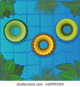 Swimming pool with colorful floats inflatable rings, colorful funny summer background, resort hotel, vector banner for vacation, poster design for web and print 