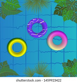 Swimming pool with colorful floats inflatable rings, colorful funny summer background, resort hotel, vector banner for vacation, poster design for web and print 