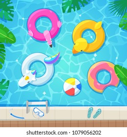 Swimming pool with colorful floats, top view vector illustration. Kids inflatable toys flamingo, duck, donut, unicorn. Summer fun background.