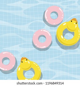 Swimming pool with colorful floats, top view vector illustration.