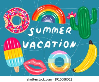 Swimming pool with colorful floats, top illustration. Children's inflatable toys ice cream, cactus, bitten donut, ring, banana, rainbow. Summer funny background.