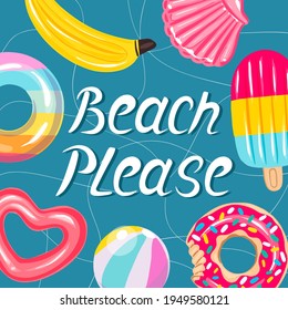 Swimming pool with colorful floats, top illustration. Children's inflatable toys ice cream, shell, bitten donut, heart, ring, banana, ball. Summer funny background.