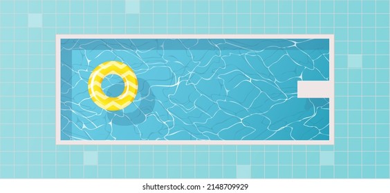 Swimming pool with colorful floats, top view background. Water ring. Big outdoor pool with water toys, flat lay view. Hotel spa zone, vacation. Summer background.