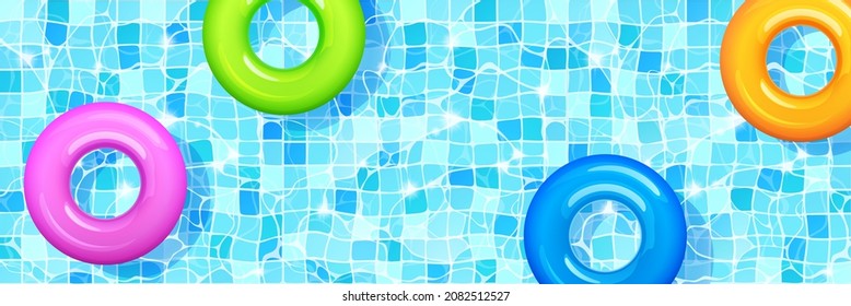 Swimming pool with colorful inflatable rings floating on clean water surface over tiled floor, hotel, summer vacation background design, horizontal template for banner Realistic 3d vector illustration