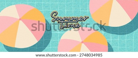 Swimming pool with colorful umblellas. Retro vector summer design. Fresh water, tiles. Summer time lettering. Vacation resort mood. 