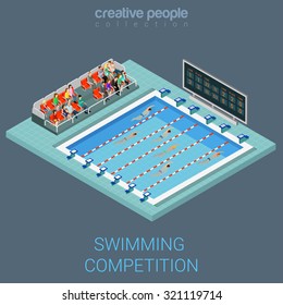 Swimming pool competition flat 3d isometric info graphics concept. Sportsmen swim line race indoor interior infographics. Creative people collection.