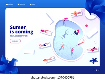 Swimming pool concept. People lounging and swim on summer vacation restore hotel relaxing at sea beach vector landing page