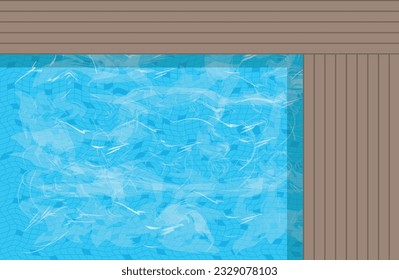 Zona de piscina con agua azul y acera de madera. Fondo acuoso.