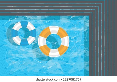 Swimming pool corner with crystal blue water and wooden dark sidewalk. Colorful life belts.