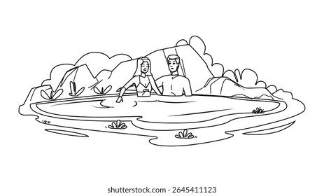 swimming pool couple vector. fun summer, water escape, retreat refreshing swimming pool couple character. people black line pencil drawing illustration