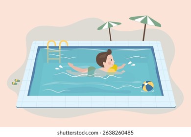 Swimming pool, cute boy enjoying a swim. Swimming boy gliding on tummy in water. Pool in resort or tropical beach club. Summer time activity. flat vector illustration