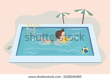 Swimming pool, cute boy enjoying a swim. Swimming boy gliding on tummy in water. Pool in resort or tropical beach club. Summer time activity. flat vector illustration