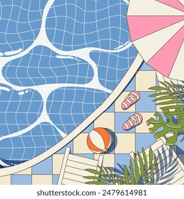 Swimming pool in cute cartoon style, top view, flat summer illustration, hotel vacation concept