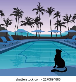 Swimming pool and cute cat vector background.