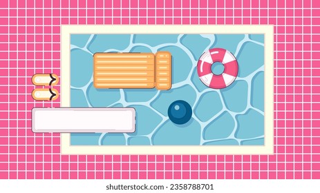 Swimming pool cute kawaii lo fi background. Relaxing zone. Floating mattress on water 2D vector cartoon exterior illustration, lofi aesthetic wallpaper desktop. Japanese anime scenery, dreamy vibes