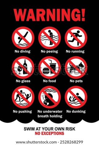 Swimming pool danger warning sign. Prohibited actions in swimming pool 