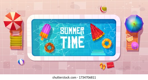 Swimming pool with deck chairs, umbrellas, inflatable rubber rings and rafts in water. Vector cartoon summer time banner with empty poolside top view. Tropical resort vacation, resting in hotel