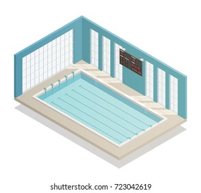 Swimming pool deep bath lanes with electronic board isometric and tiled walls isometric interior view vector illustration 