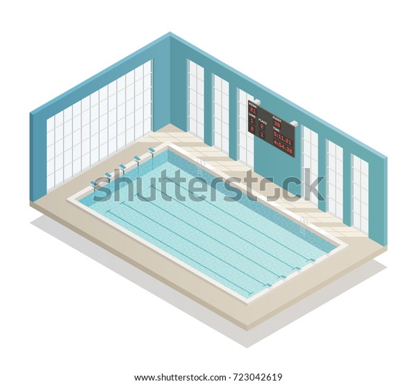 Swimming pool deep bath lanes with electronic board\
isometric and tiled walls isometric interior view vector\
illustration 