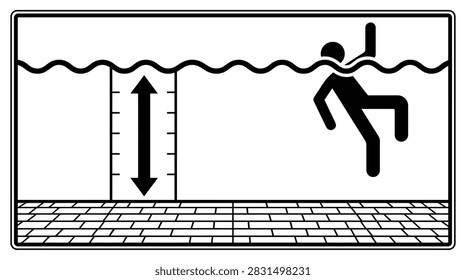 Swimming pool deep water safety sign with measuring scale and silhouette of drowning person