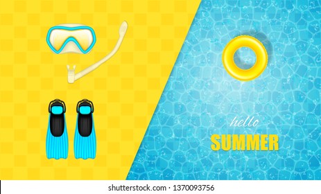 Swimming pool design with float ring and dive equipment.Summer concept background