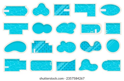 Swimming pool of different shape, form and size with mosaic bottom and blue aqua top view isolated set on white background. Poolside for spa hotel resort, sunbathing place outdoors vector illustration