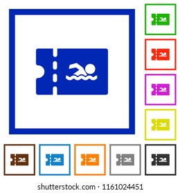 Swimming pool discount coupon flat color icons in square frames on white background