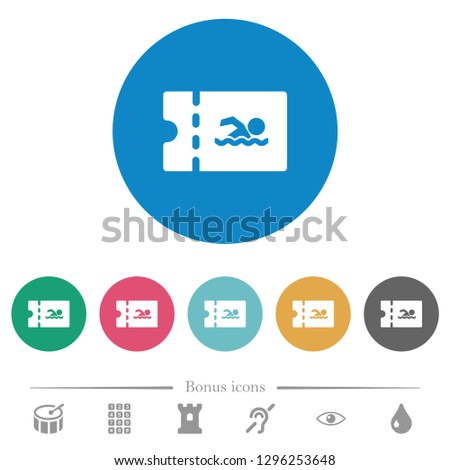 Swimming pool discount coupon flat white icons on round color backgrounds. 6 bonus icons included.