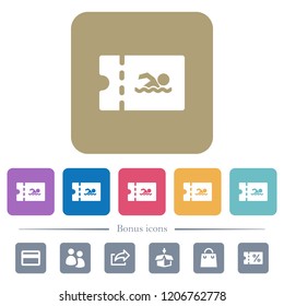 Swimming pool discount coupon white flat icons on color rounded square backgrounds. 6 bonus icons included