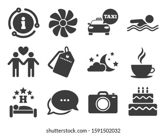 Swimming pool. Discount offer tag, chat, info icon. Hotel, apartment service icons. Ventilation, birthday party and gay-friendly symbols. Classic style signs set. Vector