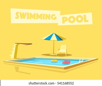 Swimming Pool With A Diving Board. Cartoon Vector Illustration. Sport And Recreation. Jump And Dive. Vintage Style 