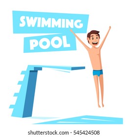 Swimming Pool With A Diving Board. Cartoon Vector Illustration. Sport And Recreation. Preparing To Jump And Dive. Vintage Style. 