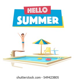 Swimming pool with a diving board. Cartoon Vector illustration. Sport and recreation. Preparing to jump and dive. Vintage style. Hello summer