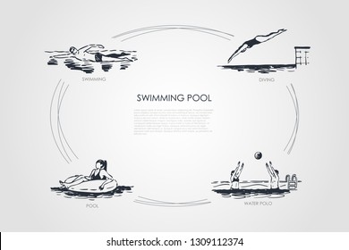 Swimming pool - swimming, diving, water polo, pool vector concept set. Hand drawn sketch isolated illustration