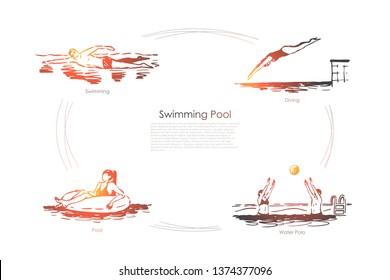 Swimming pool - swimming, diving, water polo, pool vector concept set