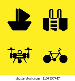 swimming pool, drone, paper sailboat and bicycle vector icon set. Sample icons set for web and graphic design