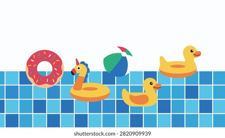 Swimming pool edge view featuring colorful inflatable pool floats including a donut, unicorn, ball, and rubber ducks.
