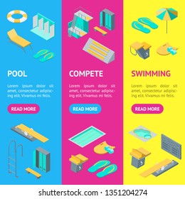 Swimming Pool Elements 3d Banner Vecrtical Set Isometric View Include of Umbrella, Ring Lifebuoy, Shower and Closet . Vector illustration