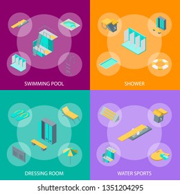 Swimming Pool Elements 3d Banner Set Isometric View Include of Umbrella, Ring Lifebuoy, Shower and Closet . Vector illustration of Banners