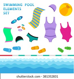 Swimming pool elements - flat style vector set.
