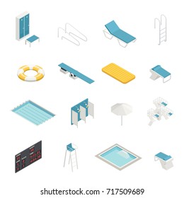 Swimming pool elements isometric icons set with change room locker closet shower life ring isometric vector illustration 