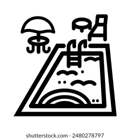 Swimming pool environment with stairs, chair, table, and umbrella icon illustration black outlined isolated on square white background. Simple flat cartoon art styled drawing.