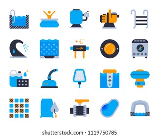 Swimming Pool Equipment flat icons set. Sign kit of construction. Repair pictogram collection includes stairs, waterfall, geyser. Simple pool cartoon icon symbol isolated on white. Vector Illustration