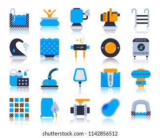 Swimming pool equipment flat icons set. Vector sign kit of construction. Repair pictograms includes water heater, lamp, chlorine. Simple pool accessories icon symbol with reflection isolated on white