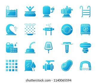 Swimming pool equipment icons set. Isolated sign kit of construction. Repair pictogram collection includes chemical dosing, valve, pavilion. Simple contour symbol of pool accessories vector icon