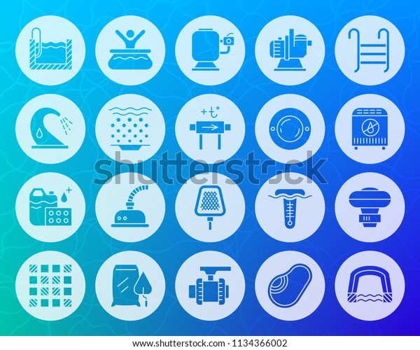 Swimming pool equipment icons set. Sign kit of\
construction. Repair pictogram collection includes pump chemical\
dosing. Simple pool accessories vector symbol. Icon carved from\
circle on blue\
backdrop