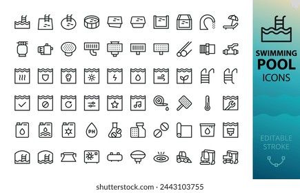 Swimming pool equipment isolated icon set. Set of heat exchanger, pump, skimmer, filter, handrail, fiberglass pool, chemicals, tablets, cleaning, construction, repair and service vector icons