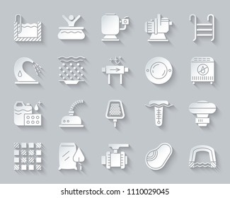 Swimming Pool Equipment Paper Cut Art Icons Set. 3D Sign Kit Of Construction. Repair Pictogram Collection Includes Pump, Filter, Waterfall. Simple Pool Vector Carved Icon Shape. Material Design Symbol