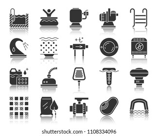 Swimming pool equipment silhouette icons set. Monochrome web sign kit of construction. Repair pictogram collection includes bowl, filter, pump. Simple vector black symbol. Pool icon with reflection