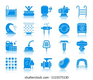 Swimming Pool Equipment Silhouette Icons Set. Web Sign Kit Of Construction. Repair Pictogram Collection Includes Pump, Filter, Waterfall. Simple Pool Symbol With Reflection. Vector Icon Shape Isolated